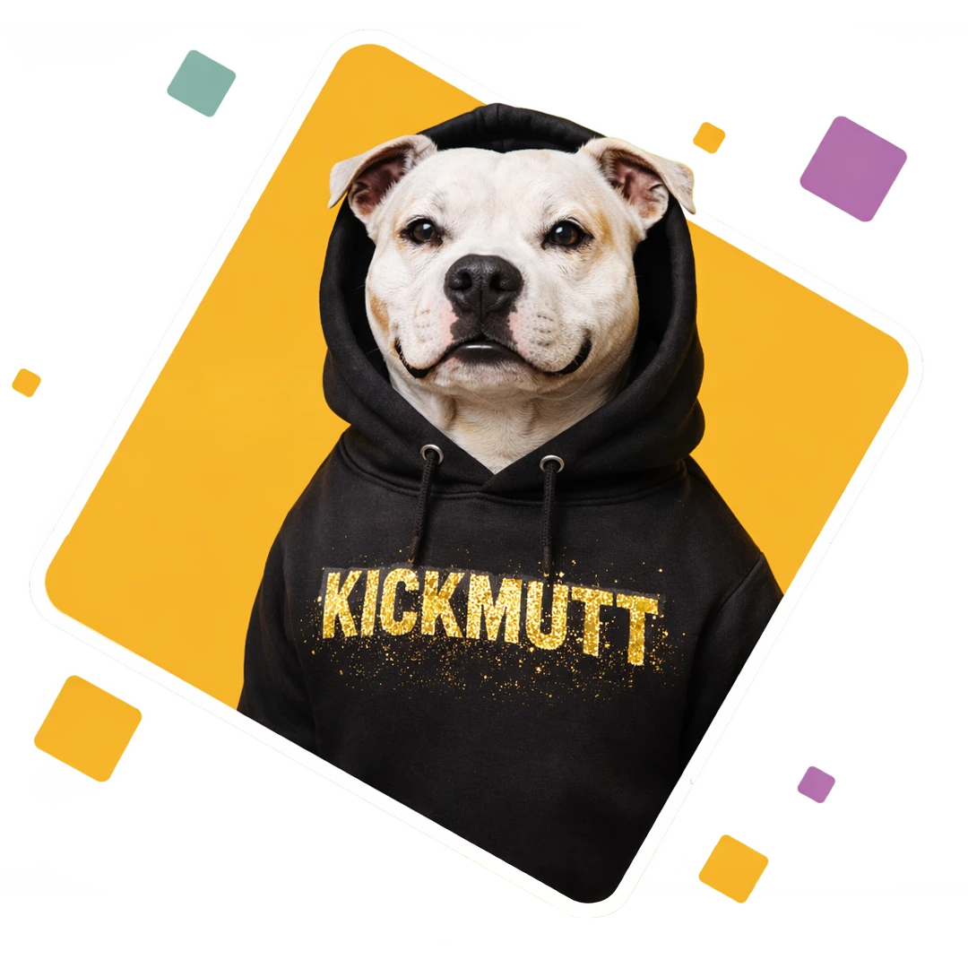 Vit hund i svart Kickmutt-hoodie med glittrigt guldtryck